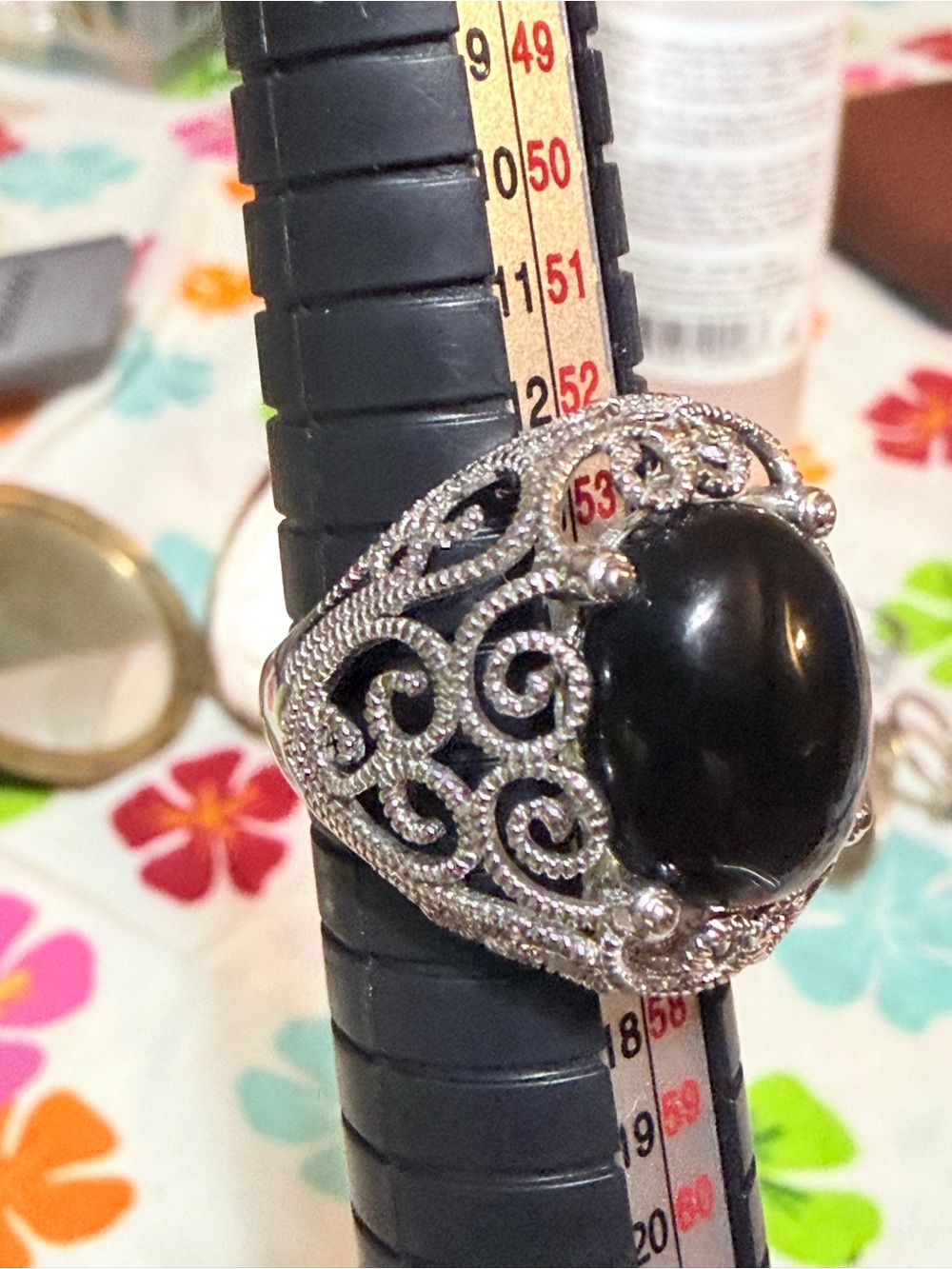 Silver Filigree Black Onyx Statement Ring size 7.5